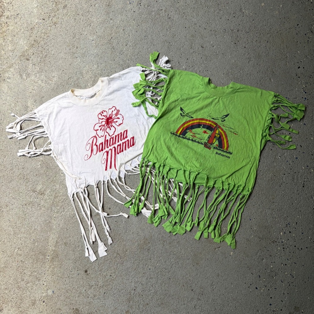 Vintage 80s Bahamas Fringe T-Shirt Bundle Rose Bahama Mama Sailboat Green Size L